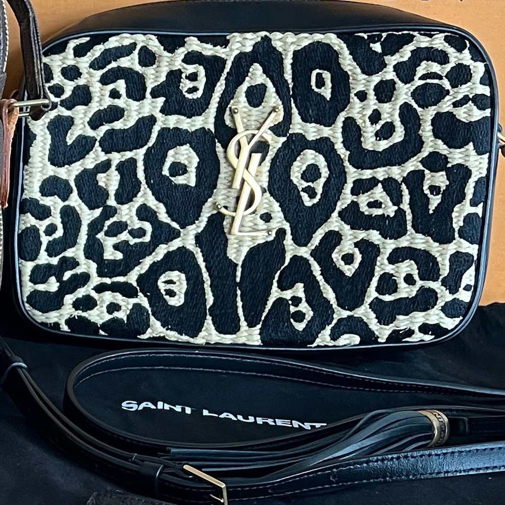 Saint Laurent Lou Medium Animal-Print Raffia Camera Bag